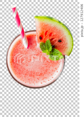 Watermelon juice in a glass with a juice straw and mint leaves, top view on a transparent background PNG image 127912406