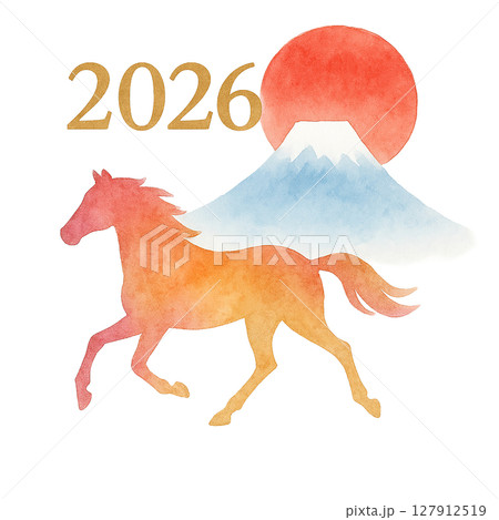 2026年 午年 新春の馬と富士山 水彩風切り抜き素材 127912519