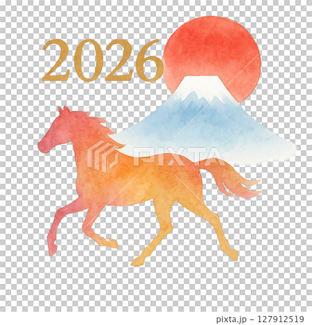 2026年 午年 新春の馬と富士山 水彩風切り抜き素材 127912519