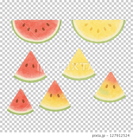 Red and yellow watermelon slices watercolor cutout Red and yellow watermelon slices watercolor cutout 127912524