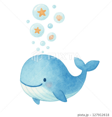 海のバブルホエールとシェルバブル 水彩風切り抜き素材 127912618