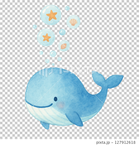 海のバブルホエールとシェルバブル 水彩風切り抜き素材 127912618