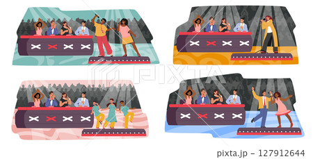 Talent show tv-program cartoon scene with jury team and performers on stage vector illustration Talent show tv-program cartoon scene with jury team and performers on stage vector illustration 127912644
