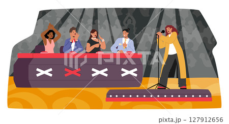 Talented woman vocalist presenting song on stage of music tv show under spotlight cartoon scene 127912656