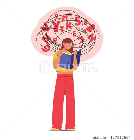 Young girl student cartoon character having troubles with reading due to word recognition difficulty 127912664