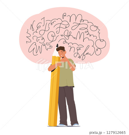 Boy student suffering from difficulties in writing struggling with dysgraphia mental disorder 127912665