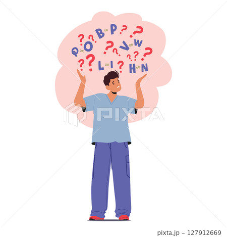 Unhappy frustrated boy cartoon character having troubles with language learning due to dyslexia 127912669