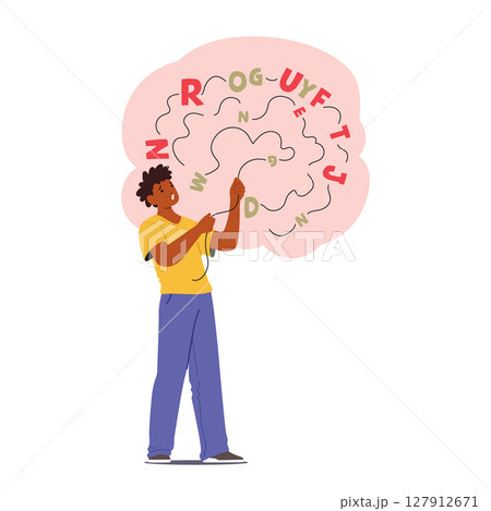 Man cartoon character suffering from dysgraphia and dyslexia having difficulties in learning 127912671