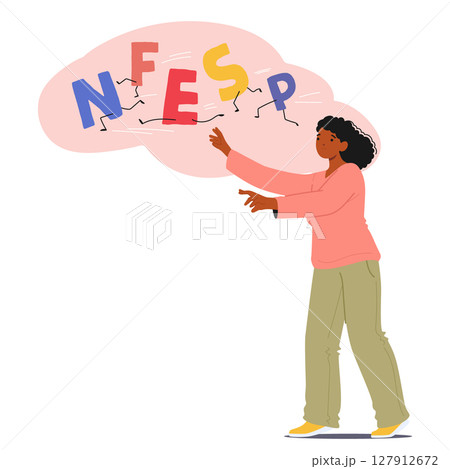 Woman with dyslexia trying to catch running letters having difficulties to read vector illustration 127912672