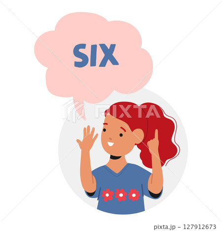 Cute red-haired girl cartoon character counting number six using fingers on hands round portrait 127912673