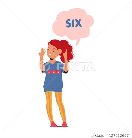 Pretty girl of preschool age counting six gesturing numeral by fingers standing isolated on white 127912697
