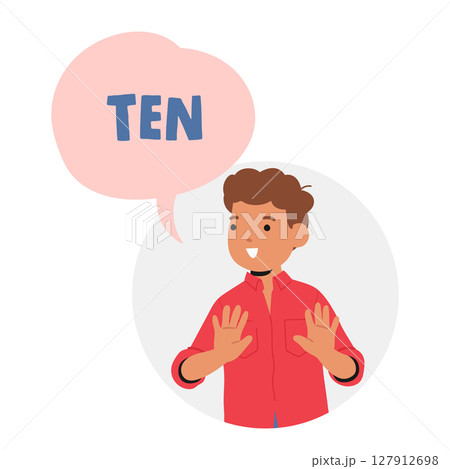 Smiling positive boy showing ten fingers learning to count round portrait with text speech bubble 127912698