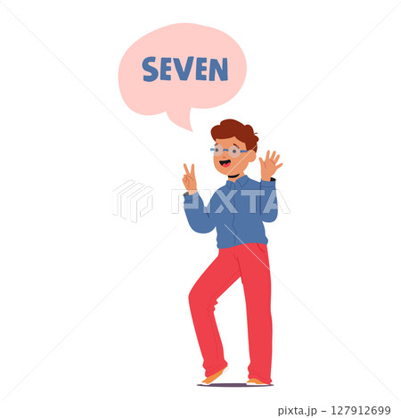 Cute nerd boy cartoon character learning numbers counting seven by fingers with raised hands 127912699