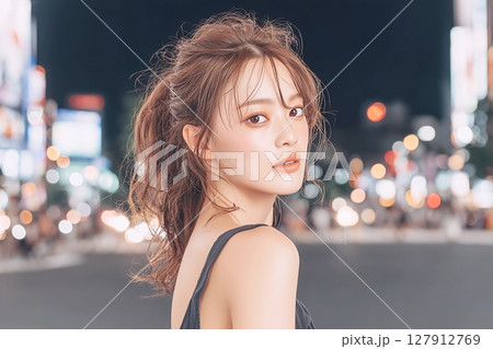 夜の街で撮影する美人女性「AI生成画像」 127912769