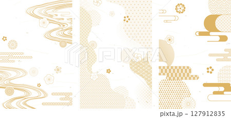 金色の和柄のシンプルな背景セット 127912835