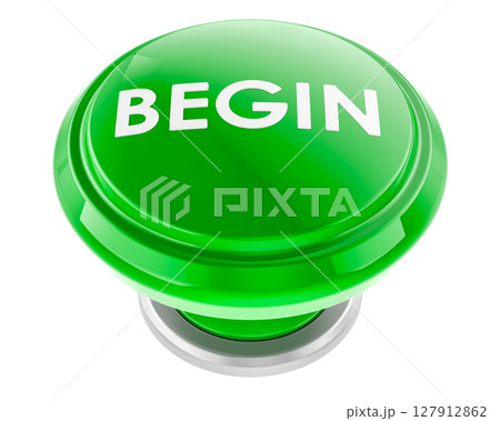 BEGIN green push button. 3D rendering BEGIN green push button. 3D rendering 127912862