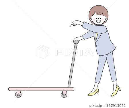 台車を押しながら指を指すスーツ姿の女性イラスト 台車を押しながら指を指すスーツ姿の女性イラスト 127913031