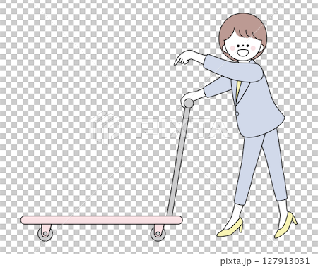 台車を押しながら指を指すスーツ姿の女性イラスト 台車を押しながら指を指すスーツ姿の女性イラスト 127913031