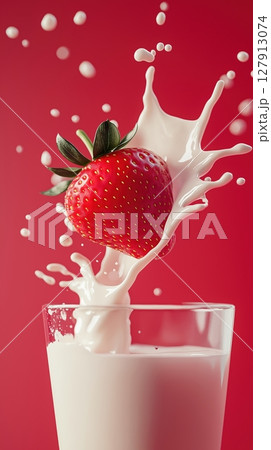 Fresh strawberry splashing in creamy milk against a vibrant red background 127913074