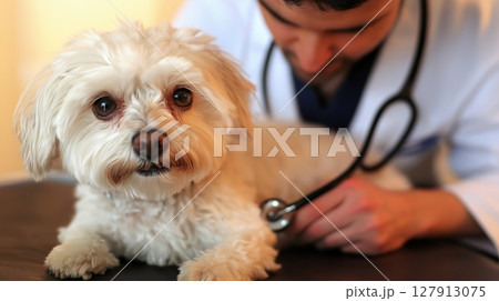 Small white dog at the veterinarian is office receiving a check-up 127913075