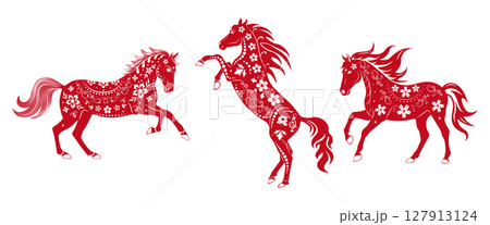 Set of elegant red horses with floral ornaments for Chinese New Year 2026. Festive vector illustration, flat graphic style. Perfect for greeting cards, posters, invitations, web and prints. Set of elegant red horses with floral ornaments for Chinese New Year 2026. Festive vector illustration, flat graphic style. Perfect for greeting cards, posters, invitations, web and prints. 127913124