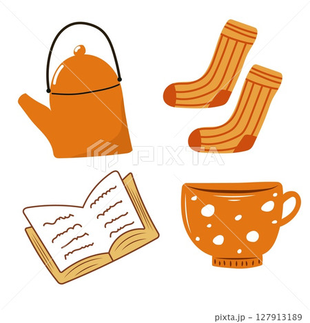 Cozy set with teapot, mug and socks. Autumn vibe elements. Cozy set with teapot, mug and socks. Autumn vibe elements. 127913189