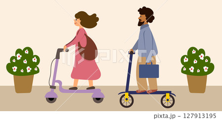 Couple riding on electric scooters. Trendy transportation. 127913195