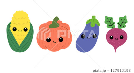 Set of kawaii veggies. Colorful collection of vegetables. Smiling faces. Set of kawaii veggies. Colorful collection of vegetables. Smiling faces. 127913198