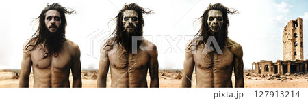 three 3 stages of a man is decomposed by radioactivity, radioactive survivor with decaying body in apocalyptic ruins of destroyed city in desert area three 3 stages of a man is decomposed by radioactivity, radioactive survivor with decaying body in apocalyptic ruins of destroyed city in desert area 127913214