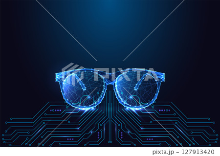 Smart digital glasses glowing above circuit board, augmented reality and wearable tech vector 127913420