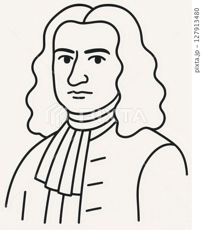 black and white cartoon style illustration of Sir Isaac Newton, featuring his long wavy hair, formal attire with cravat, and serious expression. simple line art emphasizes his historical black and white cartoon style illustration of Sir Isaac Newton, featuring his long wavy hair, formal attire with cravat, and serious expression. simple line art emphasizes his historical 127913480