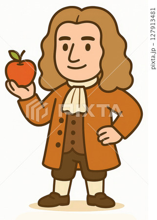 Sir Isaac Newton cartoon illustration holding apple, wearing historical attire with confident expression, symbolizing his contributions to science and gravity. 127913481