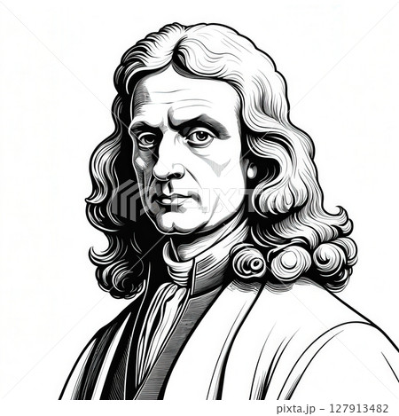 Sir Isaac Newton is depicted in this black and white cartoon style illustration, showcasing his iconic long hair and formal attire, emphasizing his intellectual and historical significance. Sir Isaac Newton is depicted in this black and white cartoon style illustration, showcasing his iconic long hair and formal attire, emphasizing his intellectual and historical significance. 127913482