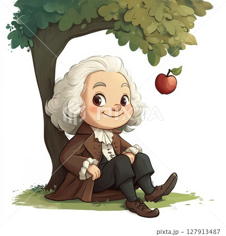 cheerful cartoon depiction of Sir Isaac Newton sitting under tree, with apple falling towards him, symbolizing his discovery of gravity. scene is playful and educational. cheerful cartoon depiction of Sir Isaac Newton sitting under tree, with apple falling towards him, symbolizing his discovery of gravity. scene is playful and educational. 127913487