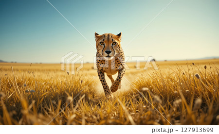 cheetah running through golden grassland under clear blue sky, showcasing its speed and agility in natural savanna environment. 127913699