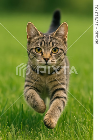 playful tabby cat with striking green eyes runs...のイラスト素材 [127913701 ...