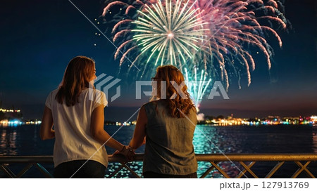 Romantic Lesbian Couple Watching Fireworks Over Waterfront at Night. LGBTQ Love, Pride Celebration, and Festive City Lights on Independence Day 127913769
