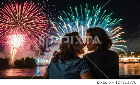 Romantic Lesbian Couple Watching Fireworks Over Waterfront at Night. LGBTQ Love, Pride Celebration, and Festive City Lights on Independence Day 127913770