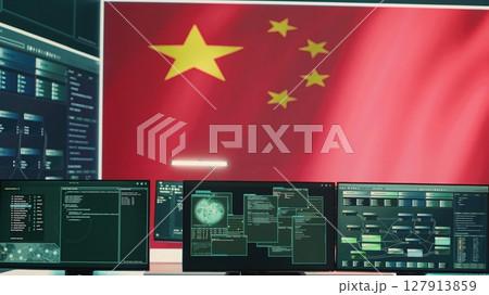 High tech surveillance room featuring a Chinese flag on big screen, concept of cyber security and brainwashing. China hybrid warfare, political manipulation and unauthorized access threats. Camera A. High tech surveillance room featuring a Chinese flag on big screen, concept of cyber security and brainwashing. China hybrid warfare, political manipulation and unauthorized access threats. Camera A. 127913859