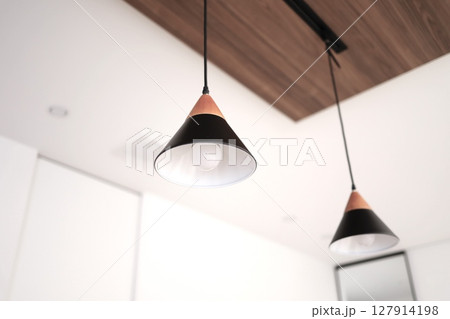 下り天井とダクトレールに吊るされたペンダントライト 127914198