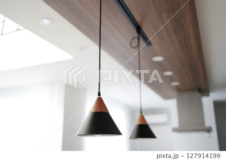 下り天井とダクトレールに吊るされたペンダントライト 127914199