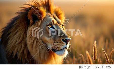 Close-up Portrait of a Male Lion with Amber Eyes in Golden Hour Light Close-up Portrait of a Male Lion with Amber Eyes in Golden Hour Light 127914369