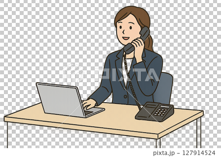 固定電話で仕事をする女性イラスト 固定電話で仕事をする女性イラスト 127914524