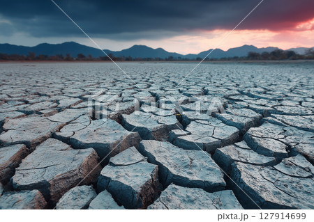 Beautiful Sunset Over Cracked Earth Surface with Mountains and Dramatic Sky Scenery Beautiful Sunset Over Cracked Earth Surface with Mountains and Dramatic Sky Scenery 127914699