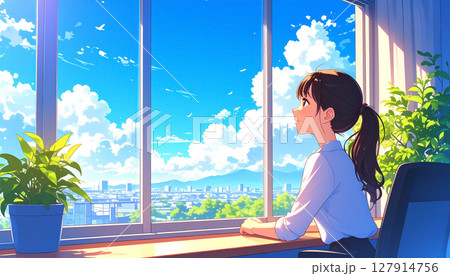 夏の入道雲が見える会社のオフィスで休む20代の日本人OL ビジネス 夏の入道雲が見える会社のオフィスで休む20代の日本人OL ビジネス 127914756