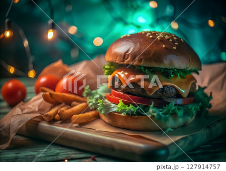 Side view of a juicy cheeseburger with lettuce, tomato, and dripping sauce on wooden board with fries in paper wrap, moody lighting, rustic background, shallow depth of field 127914757