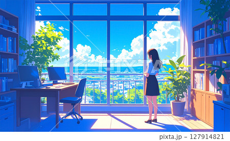 夏の入道雲が見える会社のオフィスで休む20代の日本人OL ビジネス 夏の入道雲が見える会社のオフィスで休む20代の日本人OL ビジネス 127914821