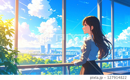 夏の入道雲が見える会社のオフィスで休む20代の日本人OL ビジネス 夏の入道雲が見える会社のオフィスで休む20代の日本人OL ビジネス 127914822