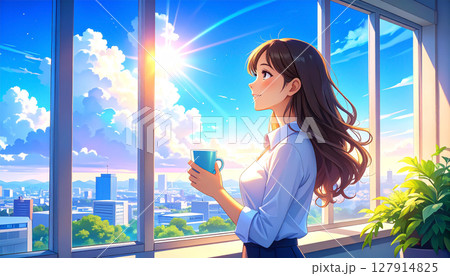 夏の入道雲が見える会社のオフィスで休む20代の日本人OL　ビジネス 127914825