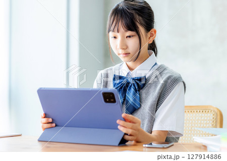 オンライン授業を受ける女子高生 127914886